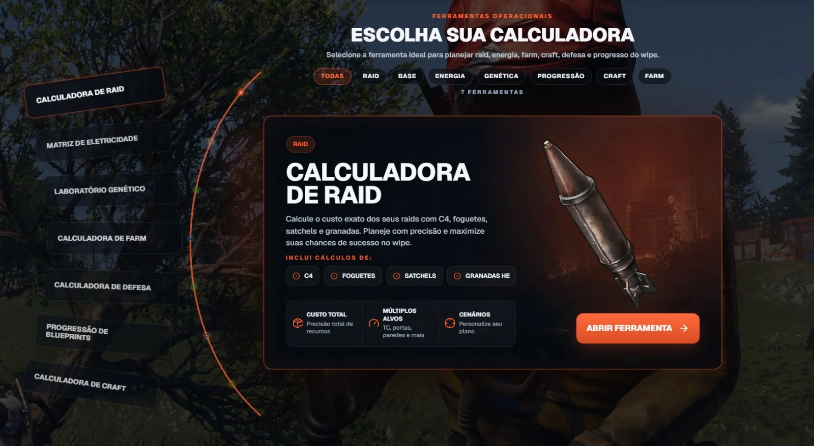 Calculadora de Raid do WipeOS com custo em C4, foguetes, satchels e granadas