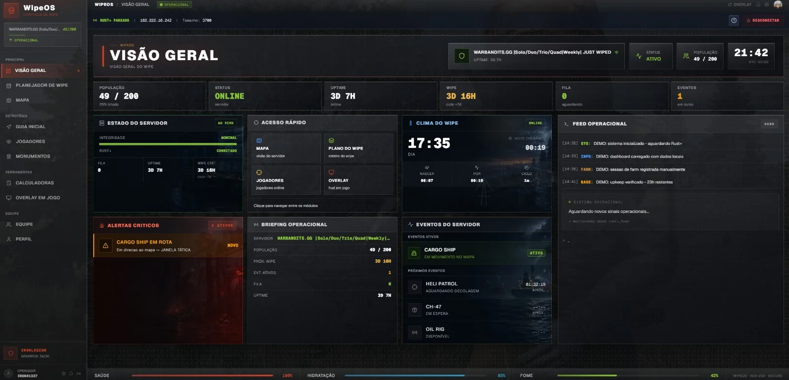 Dashboard do WipeOS com visão geral do wipe, população, clima, alertas e eventos