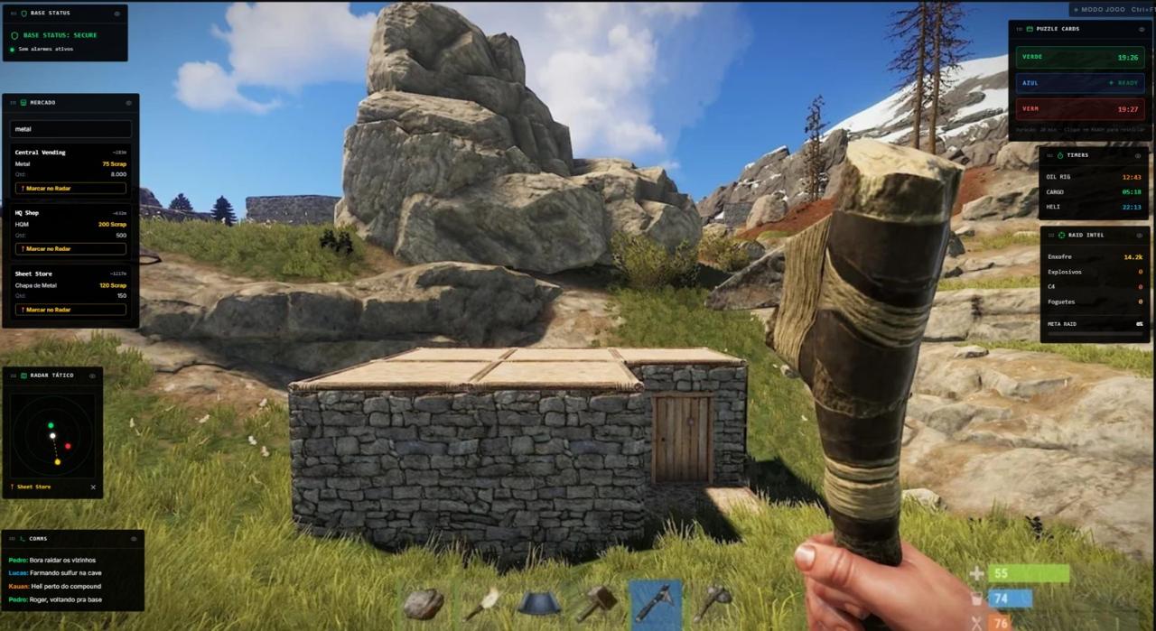 Overlay do WipeOS em uso dentro do Rust, com os widgets visíveis sobre o jogo