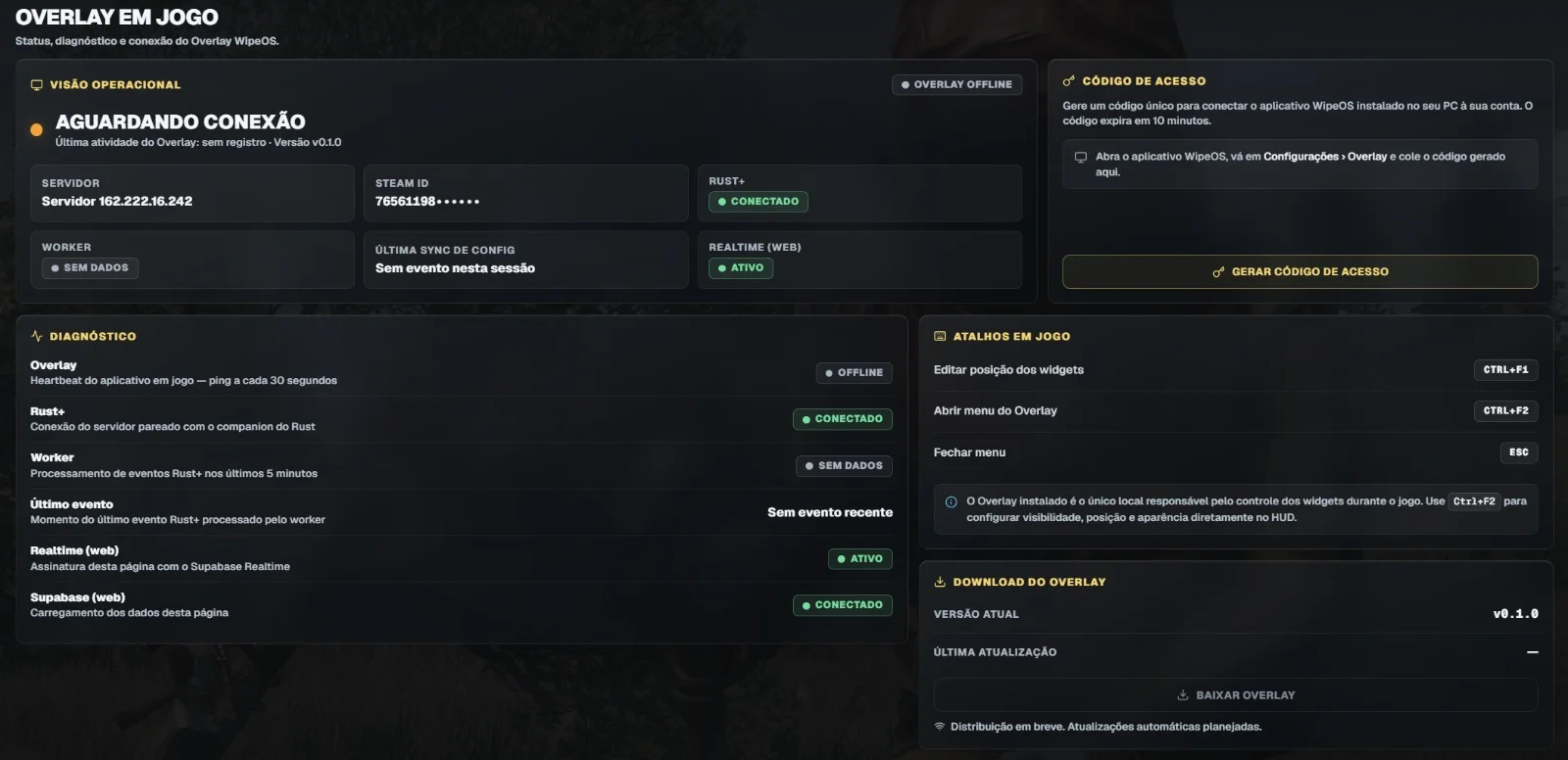 Overlay em jogo do WipeOS: status de conexão, diagnóstico e atalhos para uso em live