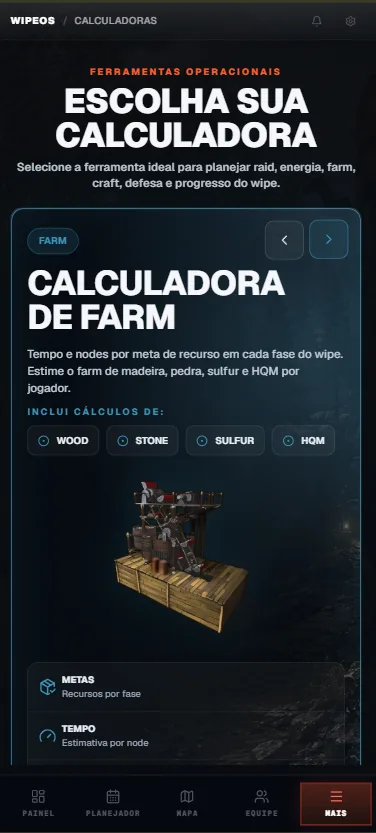 Calculadora de Farm do WipeOS aberta no celular