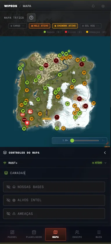 Mapa tático do WipeOS no celular com Heli e Chinook ativos no servidor