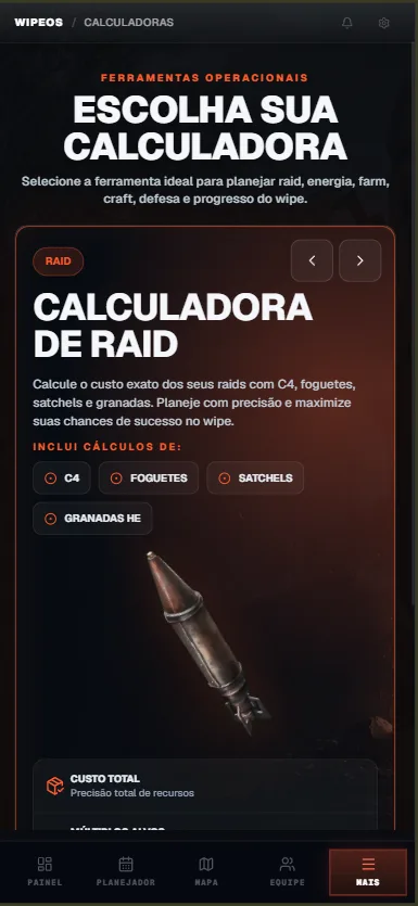 Calculadora de Raid do WipeOS aberta no celular